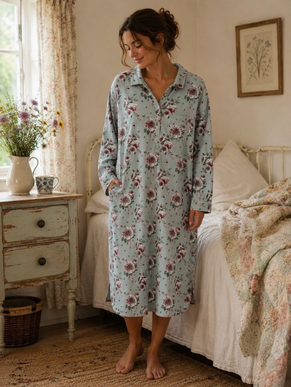 Mahogany Blue Purple Floral Collared NIGHTSHIRT XL Pockets Cottage Country